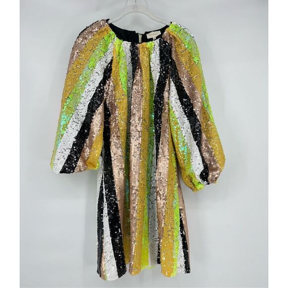 NEW Melloday Multicolor Sequin Stripe Balloon Sleeve Mini Dress Size Medium NEW! - Picture 3 of 12